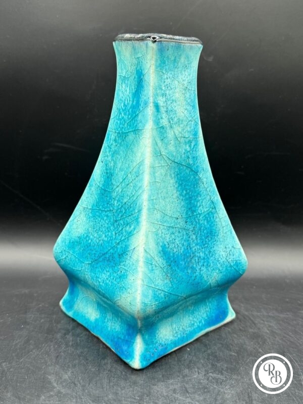 Vase soliflor vintage fait à la main en céramique turquoise avec décor organique, années 1960