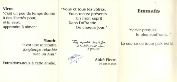 Autographe Abbé Pierre 14x30