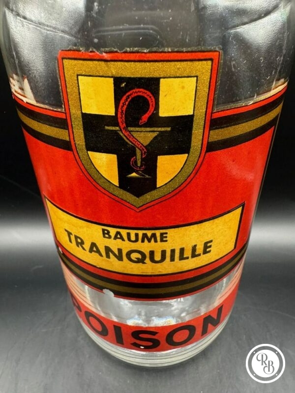 Ancien Pot Apothicaire, verre, pharmacie, bouteille, baume Tranquille, croix Rouge