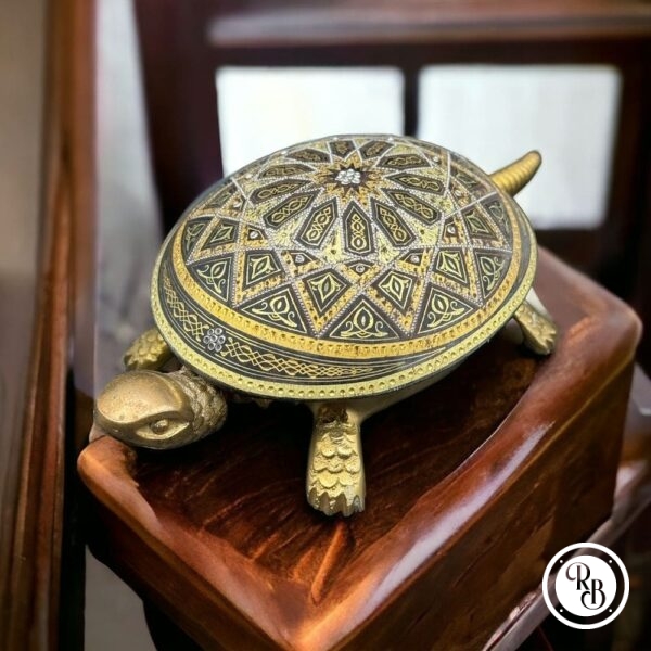 ancienne Cloche de comptoir d'hôtel ou Cloche de table - Tortue de chez Boj - Laiton avec fer incrusté d'or Damascène