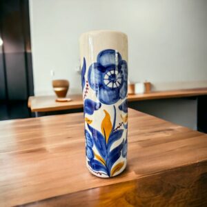 Joli vase ancien en Céramique - Décor floral bleu et jaune fait main