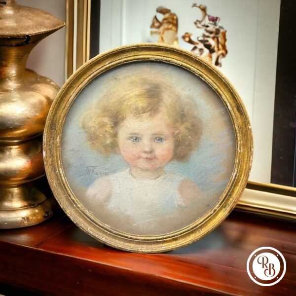 Magnifique et rare Pastel de Mathilde Francès - Portrait d'Enfant - Cadre rond ancien