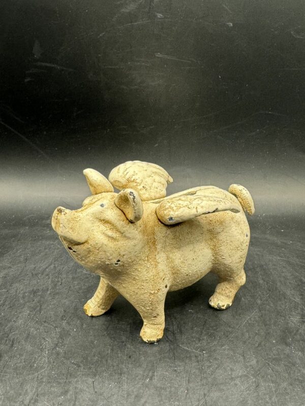 Rare - Tirelire ancienne en Fonte de commerce de boucherie/Charcuterie - Cochon ailé - vers 1930 - Collection – Image 2