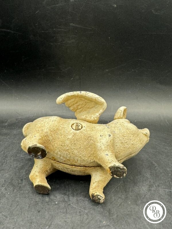 Rare - Tirelire ancienne en Fonte de commerce de boucherie/Charcuterie - Cochon ailé - vers 1930 - Collection – Image 7