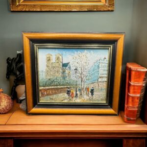 Magnifique huile sur toile de Caroline BURNETT représentant Notre Dame de Paris et les bouquinistes - Tableau