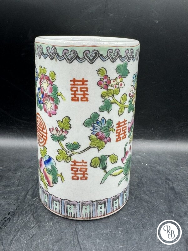 Ancien et rare pot à pinceaux en faïence chinoise décor fleuri, pêches et signes chinois polychromes - Tampon rouge - Décoration - Collection - Image 5