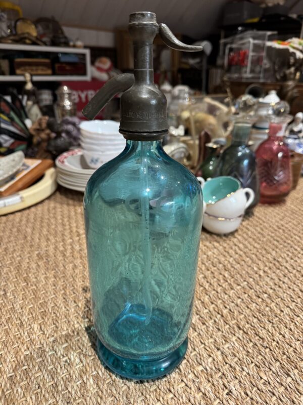Rare et Magnifique Bouteille/Siphon à eau de Seltz du début du 20ème siècle en verre bleu/vert (années 1900/1920) - D.D Rue de Péronne - Roisel dans la Somme - Collection - Déco bar - Bistrot - Café – Image 5
