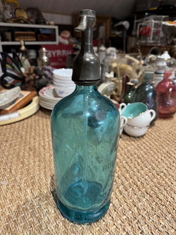 Rare et Magnifique Bouteille/Siphon à eau de Seltz du début du 20ème siècle en verre bleu/vert (années 1900/1920) - D.D Rue de Péronne - Roisel dans la Somme - Collection - Déco bar - Bistrot - Café – Image 6