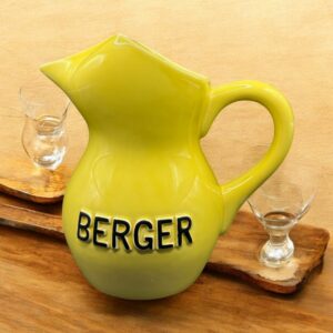 Ancien et rare grand Pichet (3 litres) en céramique jaune des années 60/70 de la marque Berger anisette - Pastis - Double inscription