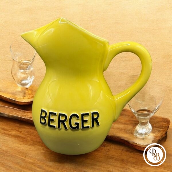 Ancien et rare grand Pichet (3 litres) en céramique jaune des années 60/70 de la marque Berger anisette - Pastis - Double inscription