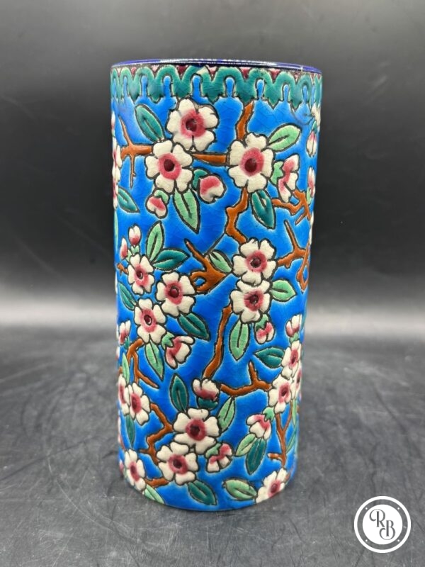 Ancien et rare pot/vase rouleau en faïence et émaux polychromes de Longwy - Estampille des années 1930 - Décoration - Collection – Image 2