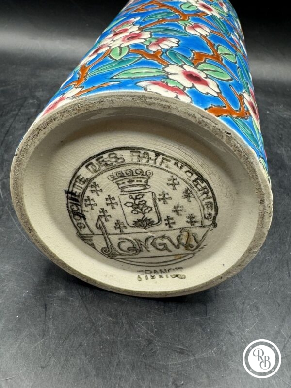 Ancien et rare pot/vase rouleau en faïence et émaux polychromes de Longwy - Estampille des années 1930 - Décoration - Collection – Image 5