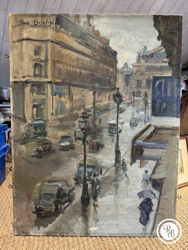 Magnifique huile - Œuvre originale sur toile signée Carlo Cherubini représentant l'avenue de l'Opéra à Paris - Vers 1950 - Tableau - Collection – Image 2
