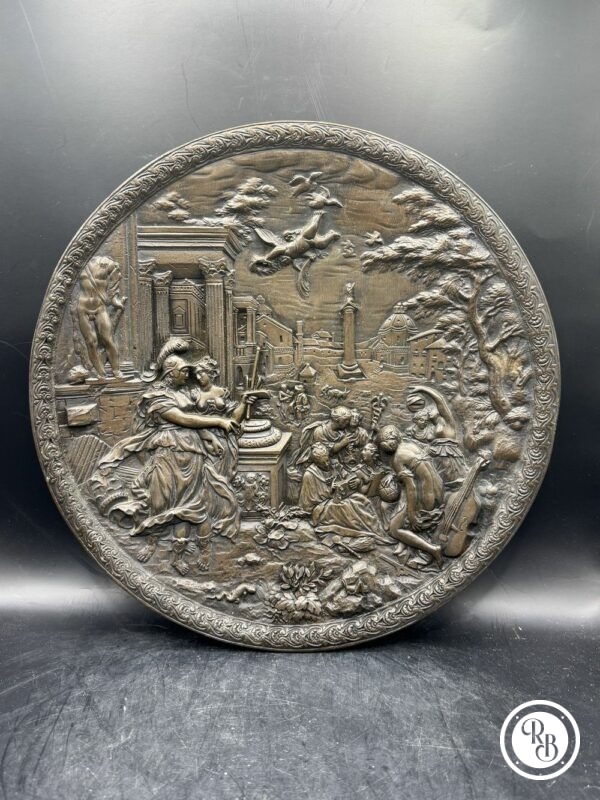 Rare bas relief - Grand médaillon en Bronze Hans Jacob Bayr - Allemagne - Minerve conduisant l'Allégorie de la Peinture vers les Arts libéraux - Décoration - Collection – Image 2