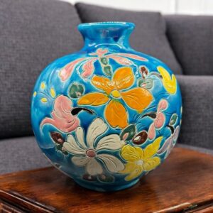 Ancien et rare grand pot en céramique à décor polychrome - Vallauris - A. Maunier - 1986 - Décor floral à dominante bleu turquoise jaune et blanc - Estampillé et signé deux fois - Décoration - Collection