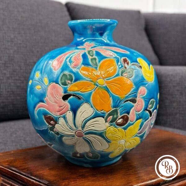 Ancien et rare grand pot en céramique à décor polychrome - Vallauris - A. Maunier - 1986 - Décor floral à dominante bleu turquoise jaune et blanc - Estampillé et signé deux fois - Décoration - Collection
