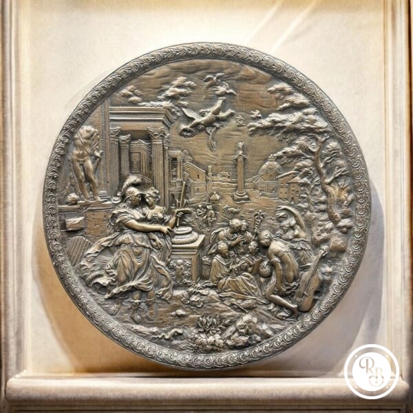 Rare bas relief - Grand médaillon en Bronze Hans Jacob Bayr - Allemagne - Minerve conduisant l'Allégorie de la Peinture vers les Arts libéraux - Décoration - Collection
