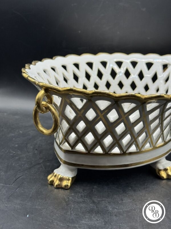 Magnifique et rare grande coupe / panier / corbeille de fruits en faïence émaillée blanche et dorure à la main d'Émile Tessier - Vers 1950 - Collection - Décoration – Image 3