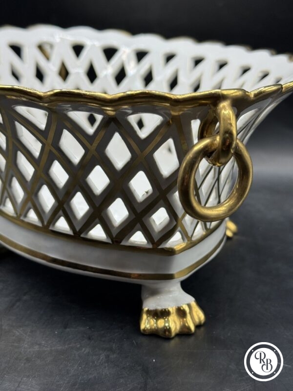 Magnifique et rare grande coupe / panier / corbeille de fruits en faïence émaillée blanche et dorure à la main d'Émile Tessier - Vers 1950 - Collection - Décoration – Image 6