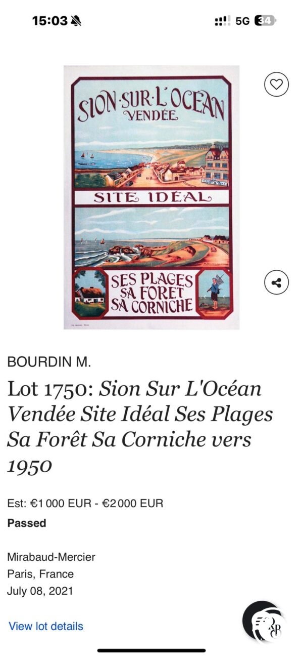 Introuvable Affiche originale "Sion sur l'Océan - Vendée 85" - Site Idéal, ses Plages, sa Forêt, sa Corniche - Vers 1950 - M. Bourdin/Imprimerie M. Jagueneau Nantes - 95 x 65 cm - Collection - Décoration - Saint Gilles Croix de Vie – Image 7