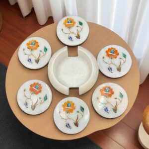 Très rares - six anciens dessous de verre à thé en marbre blanc (et leur support) avec incrustation de pierres orange, bleue et verte - Taj Mahal - Artisanat - Collection - Déco