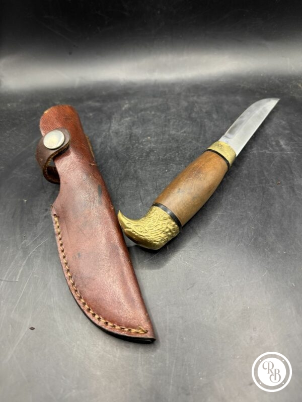 Rare ancien Couteau Scandinave à tête d'Aigle en laiton avec son Étui en cuir - Manche en bois - Collection – Image 2