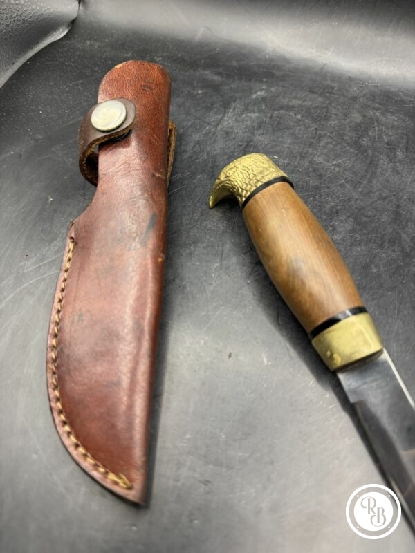 Rare ancien Couteau Scandinave à tête d'Aigle en laiton avec son Étui en cuir - Manche en bois - Collection – Image 3