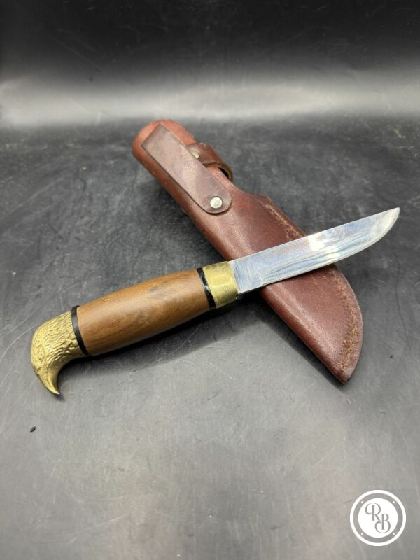 Rare ancien Couteau Scandinave à tête d'Aigle en laiton avec son Étui en cuir - Manche en bois - Collection – Image 5