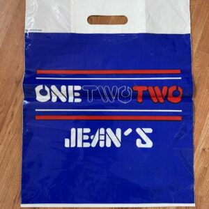 Rare ancien sac en plastique des années 80' - One two two jean's - bleu logo rouge et blanc - Vintage - Collection - Décoration