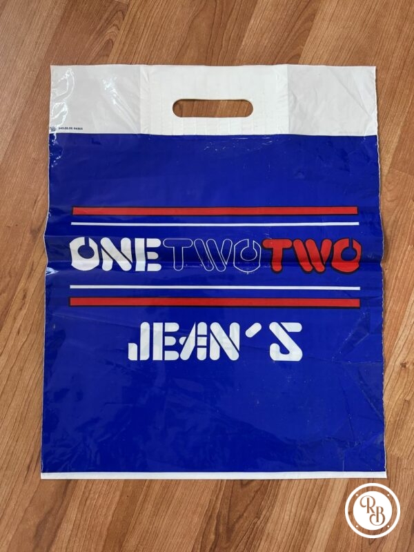 Rare ancien sac en plastique des années 80' - One two two jean's - bleu logo rouge et blanc - Vintage - Collection - Décoration