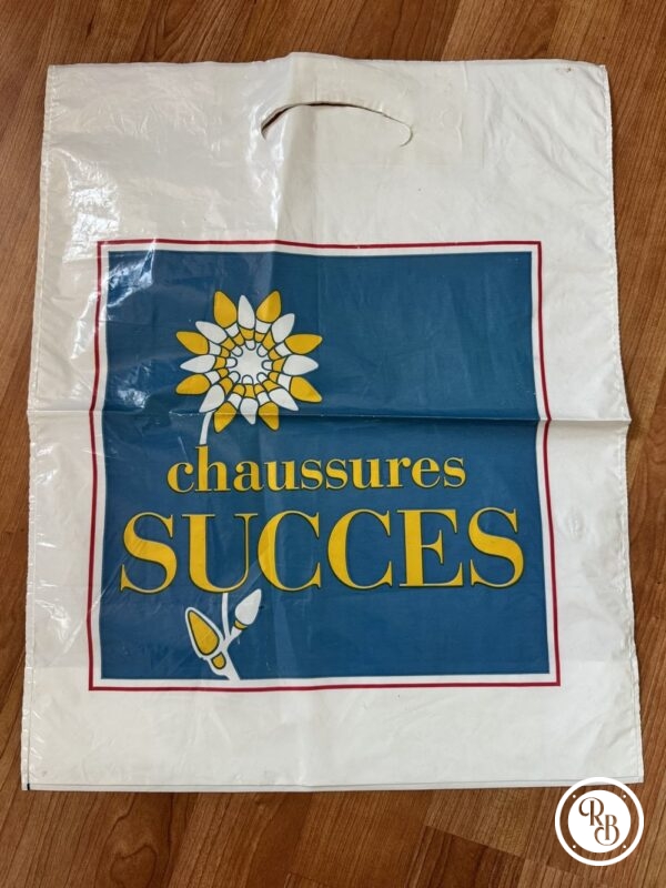 Rare deux anciens sacs en plastique des années 80' - Chaussures Succès - Bleu et jaune - Vintage - Collection - Décoration