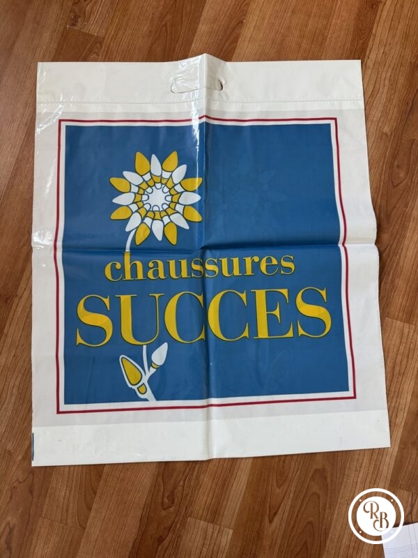 Rare deux anciens sacs en plastique des années 80' - Chaussures Succès - Bleu et jaune - Vintage - Collection - Décoration
