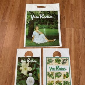 Rare lot (4) d'anciens sacs en plastique des années 80' - Yves Rocher - Plantes - Magnolia - blanc logo rouge et vert - Vintage - Collection - Décoration