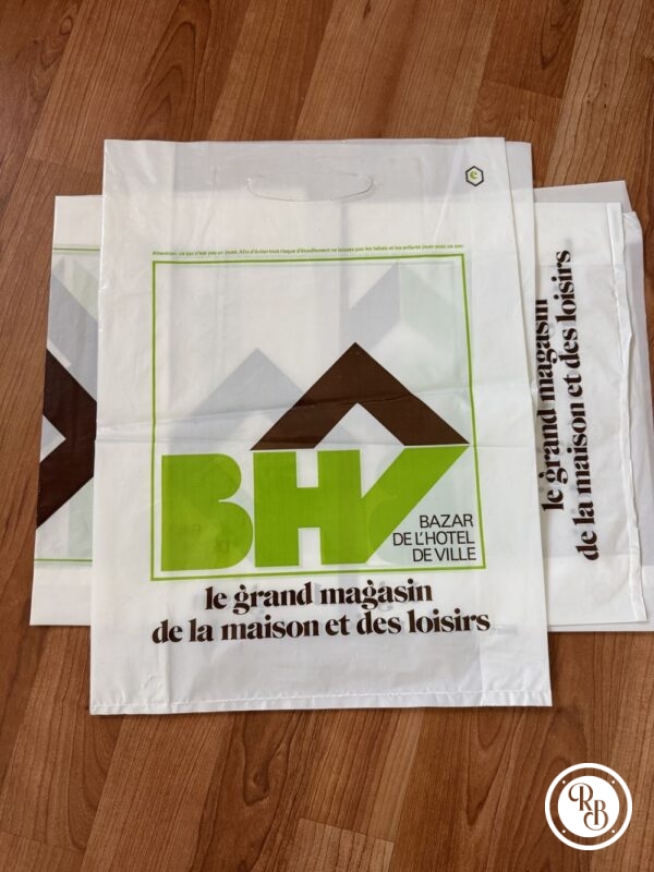 Rare ancien sac en plastique des années 80' - Bhv - Paris - Blanc logo vert et marron - Vintage - Collection - Décoration
