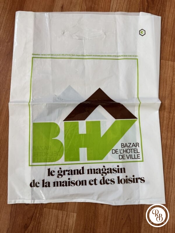 Rare ancien sac en plastique des années 80' - Bhv - Paris - Blanc logo vert et marron - Vintage - Collection - Décoration