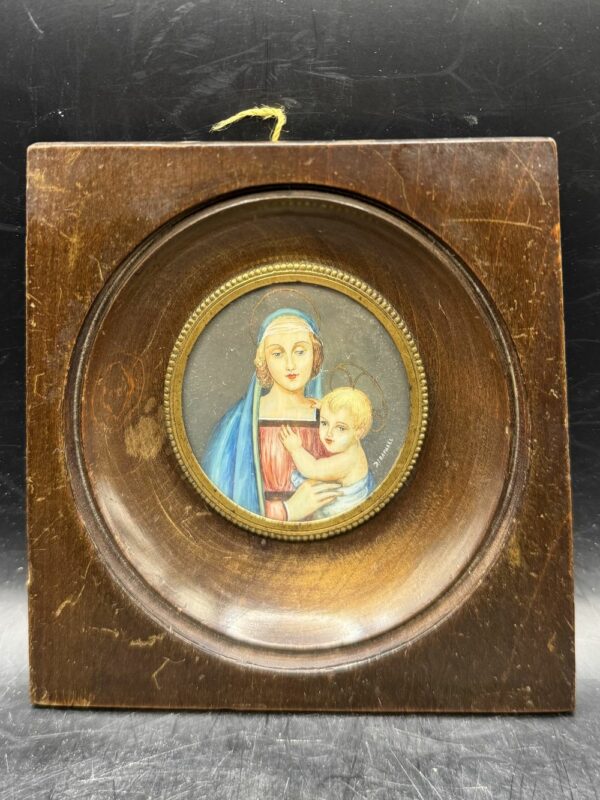 Ancien Portrait - Miniature "la Vierge au Grand Duc" en médaillon peint à la main - 19ème - Signé D. Raphaël - Cadre en bois - Collection - Décoration – Image 2