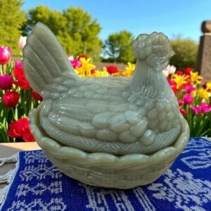 Petite bonbonnière ovale (ou sucrier ou beurrier) en verre opalescent opaline Porthieux représentant une poule sur son nid d'osier tressé. Jolie couleur vert d'eau - Décoration - Collection
