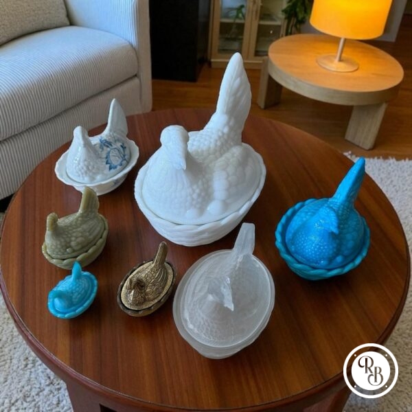 Lot/Ensemble de 7 Bonbonnières ovales (ou sucriers) en verre opalescent opaline Porthieux dont une en laiton doré et une en porcelaine de Limoges représentant des poules sur leur nid d'osier tressé - Décoration - Collection