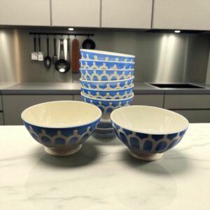 Lot de 8 petits bols à godons (à facettes) - Ensemble ancien - Café au Lait - En céramique bleue - Décoration - Collection - Style Digoin