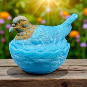 Bonbonnière ronde (ou sucrier ou beurrier) en verre opalescent opaline Porthieux représentant une oiseau/pigeon sur son nid d'osier tressé. Jolie couleur bleue turquoise - Décoration - Collection
