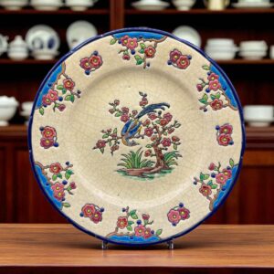 Unique Assiette "Longwy" - Emaux Polychromes Décor Oiseaux - Milieu du 20ème - Réhaut à la main - Beige et bleu - Signée et estampillée - Collection - Décoration