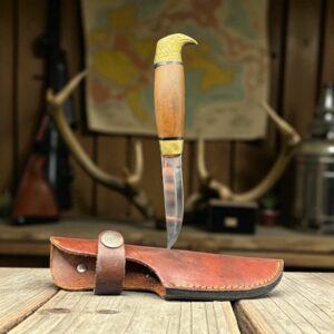 Rare ancien Couteau Puukko Scandinave à tête d Aigle en laiton avec son Étui en cuir - Collection