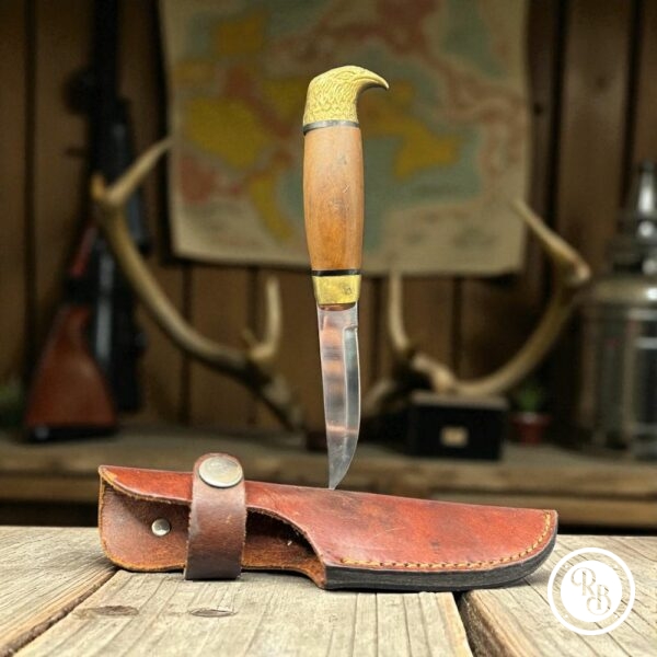 Rare ancien Couteau Puukko Scandinave à tête d Aigle en laiton avec son Étui en cuir - Collection