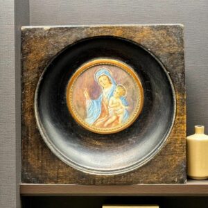 Ancien Portrait - Miniature "la Vierge et l'enfant" en médaillon peint à la main - 19ème - Signé - Cadre en bois - Collection - Décoration