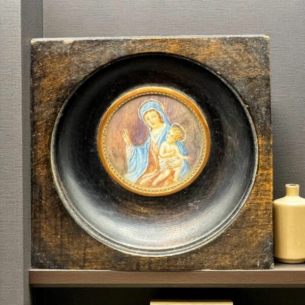 Ancien Portrait - Miniature "la Vierge et l'enfant" en médaillon peint à la main - 19ème - Signé - Cadre en bois - Collection - Décoration