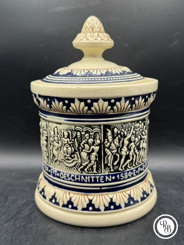 Ancien Pot à tabac en grès de la manufacture Allemande Marzi et Rémy - Signé en creux - Bleu et beige à décors de scènes bibliques - Collection - Décoration – Image 2