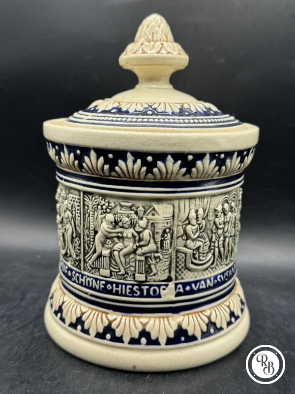 Ancien Pot à tabac en grès de la manufacture Allemande Marzi et Rémy - Signé en creux - Bleu et beige à décors de scènes bibliques - Collection - Décoration – Image 4