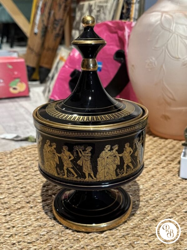 Magnifique pot/boite et son couvercle - En céramique noire - Spyropoulos - Dorure à l'or 24 carats - Fabriqué à la main en Grèce vers 1960 - Collection - Décoration - Vintage – Image 2