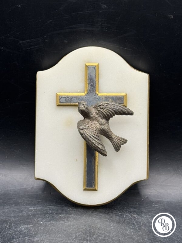 Ancien porte rameau en Bronze et Marbre avec son oiseau (colombe) et sa croix incrustée - Vers 1920 - Collection - Décoration - Jésus Christ – Image 2