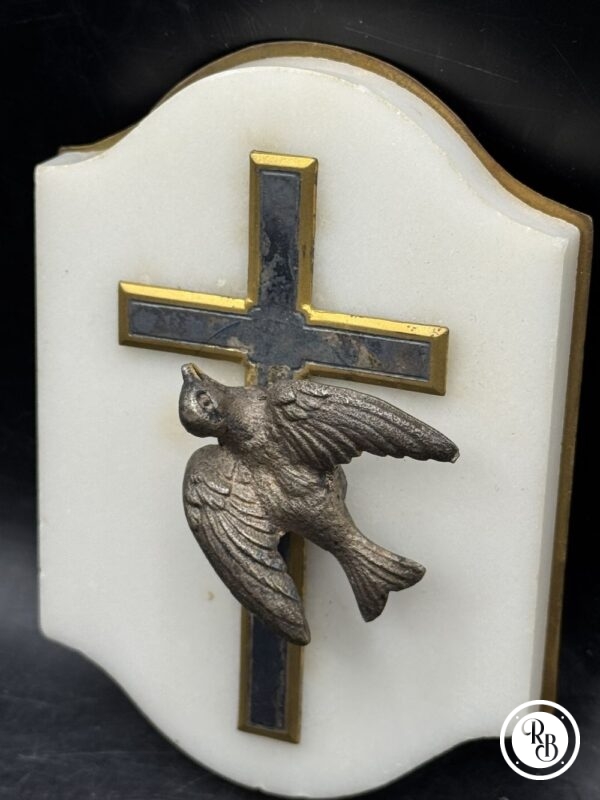 Ancien porte rameau en Bronze et Marbre avec son oiseau (colombe) et sa croix incrustée - Vers 1920 - Collection - Décoration - Jésus Christ – Image 3